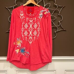 Johnny Was Coral Embroidered Long Sleeve Top - Small